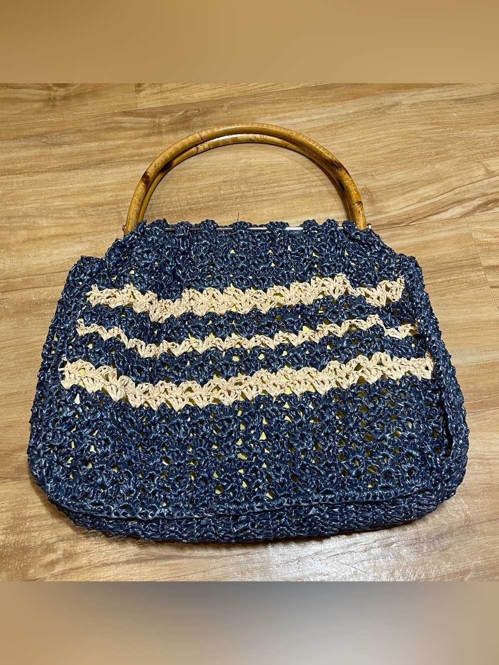Handmade crocheted?/macrame? handbag recycled materials bamboo handles 14”x11”